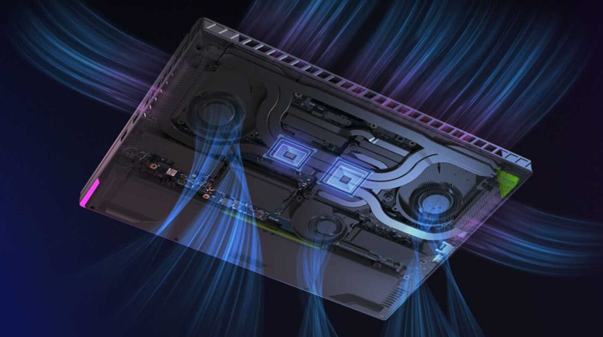 Laptop ASUS ROG Strix G16 G614JZR-N4030W 16 IPS 240Hz i9-14900HX 16GB RAM 1TB SSD GeForce RTX4080 Windows 11 Home przemyślana konstrukcja obudowy i płyty głównej radiator o pełnej szerokości o żebrowaniu umieszczonym blisko otworów wentylacyjnych poprawa rozpraszania ciepła o 71%