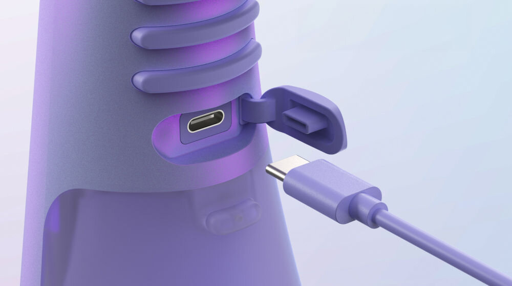 Irygator ORDO Hydro Sonic Perłowy fiolet mobilność możliwość ładowania za pomocą USB-C idealny do użytku w domu jak i podróży funkcja podróżowania ergonomiczny styl komfort użytkowania wodoodporna konstrukcja IPX7 bezpieczne używanie w wilgotnym środowisku ochrona przed zalaniem uszkodzeniami   