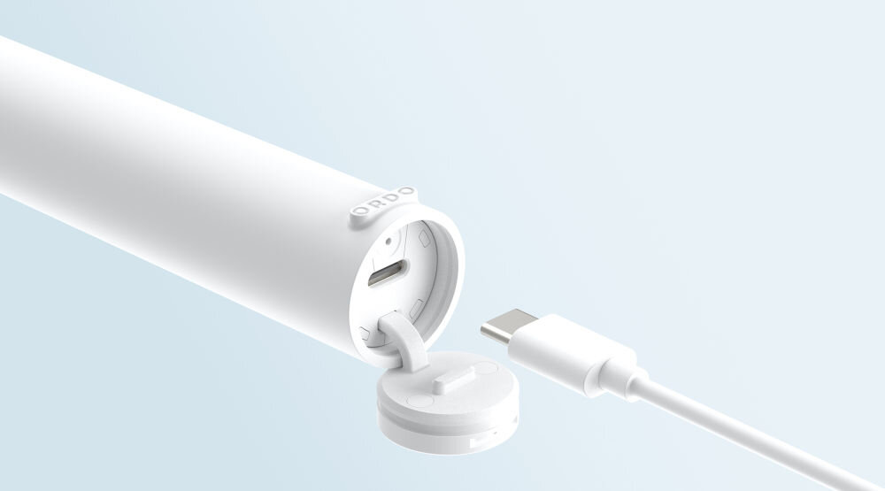 Szczoteczka soniczna ORDO Sonic Lite Biały wodoodporna konstrukcja wilgotne środowisko ładowanie USB-C wygodne uniwersalne rozwiązanie ładowanie w podróży kompaktowa przyjazna dla podróżujących