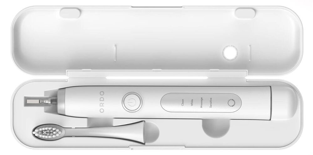 Szczoteczka soniczna ORDO Sonic+ Biało-srebrny 40 tysięcy ruchów na minutę głebokie usuwanie płytki nazębnej skuteczne oczyszczanie trudno dostępne miejsca zaokrąglone włosie końcówki skuteczność delikatna w dotyku 