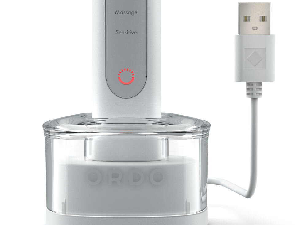 Szczoteczka soniczna ORDO Sonic+ Biało-srebrny wydajny akumulator litowo-jonowy około 3 tygodni pracy jedno ładowanie 480 min ładowarka indukcyjna ze złączem USB-C wygodne szybkie ładowanie wodoodporna konstrukcja IPX 7 bezpieczne użytkowanie 