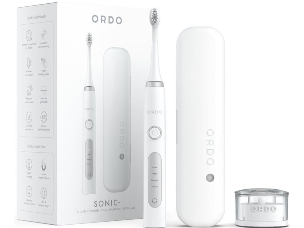 Szczoteczka soniczna ORDO Sonic+ Biało-srebrny etui podróżne dokumentacja przewód do ładowania USB-A/USB-C