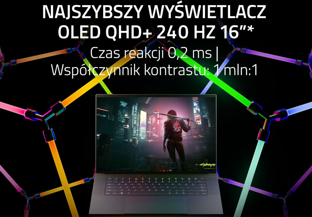 Laptop RAZER Blade 16 S10-NT 16 OLED 240Hz i9-14900HX 16GB RAM 1TB SSD GeForce RTX4070 Windows 11 Home OLED 2560 x 1600 px certyfikat VESA ClearMR 11000 DisplayHDR™ True Black 500