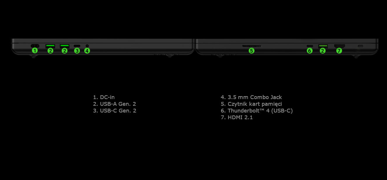 Laptop RAZER Blade 16 S10-NT 16 OLED 240Hz i9-14900HX 16GB RAM 1TB SSD GeForce RTX4070 Windows 11 Home 3 x USB-A 3.2 Gen. 2, USB-C 3.2 Gen. 2, 3.5 mm Combo Jack, czytnik kart pamięci, Thunderbolt™ 4 (USB-C), HDMI 2.1