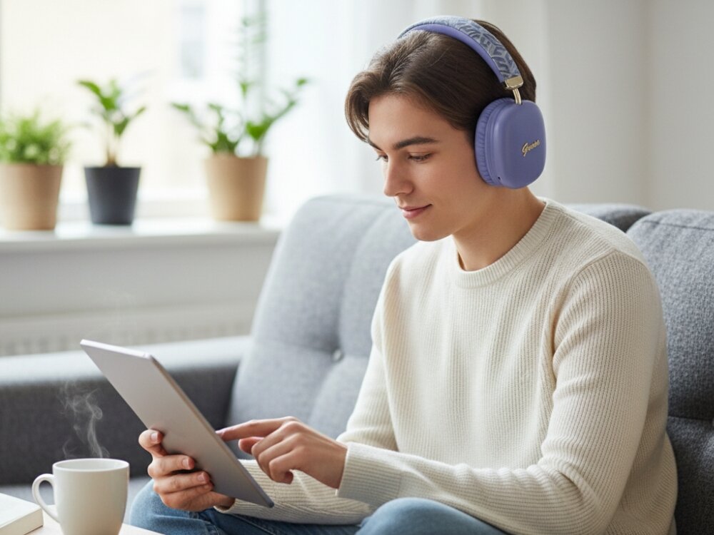 Słuchawki nauszne GUESS GUBHK1GCTCSU
			kobieta ze słuchawkami na uszach membrany 40mm głębokie basy wyraźna góra pasma bluetooth 5.3 zasięg do 10 metrów asystent głosowy