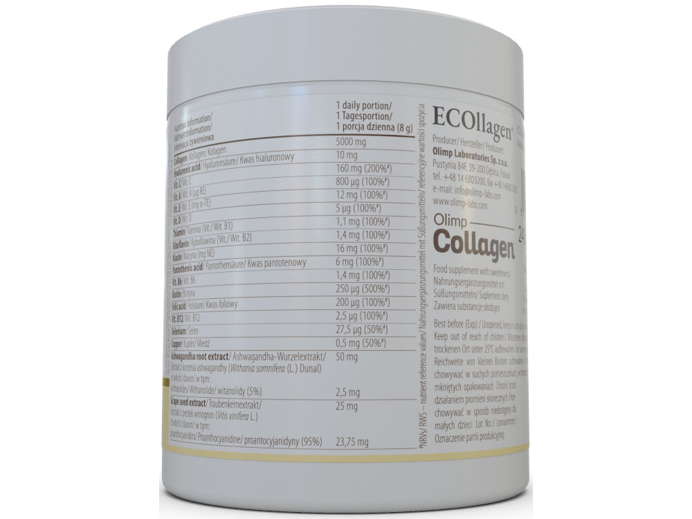 Kolagen OLIMP Ananasowy 240 g kolagen kwas hialuronowy witamina C witamina A ryboflawina biotyna ekstrakt z korzenia ashwagandhy miedz