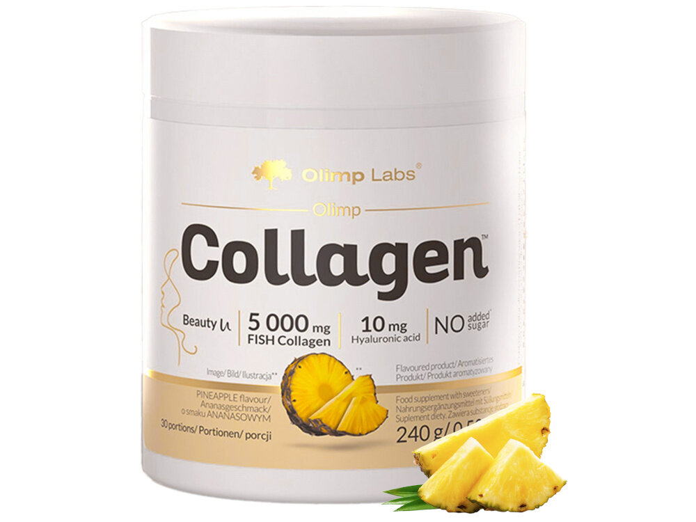 Kolagen OLIMP Ananasowy 240 g wysokiej jakosci kolagen w proszku skladniki aktywne witaminy mineraly ekstrakty z korzenia ashwagandhy i pestek winogron ananasowy smak wsparcie dla organizmu