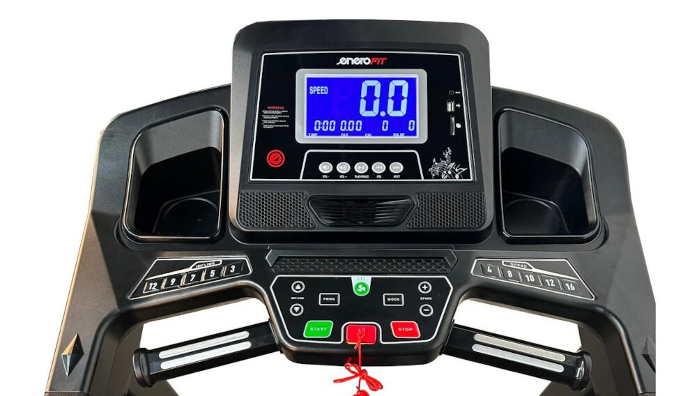 Bieżnia elektryczna ENERO FIT W800 1830W 22km-h zaawansowany panel sterowania czytelny wyswietlacz LCD wymiary 16x 8,7 cm stala kontrola przyciski szybkiego wyboru