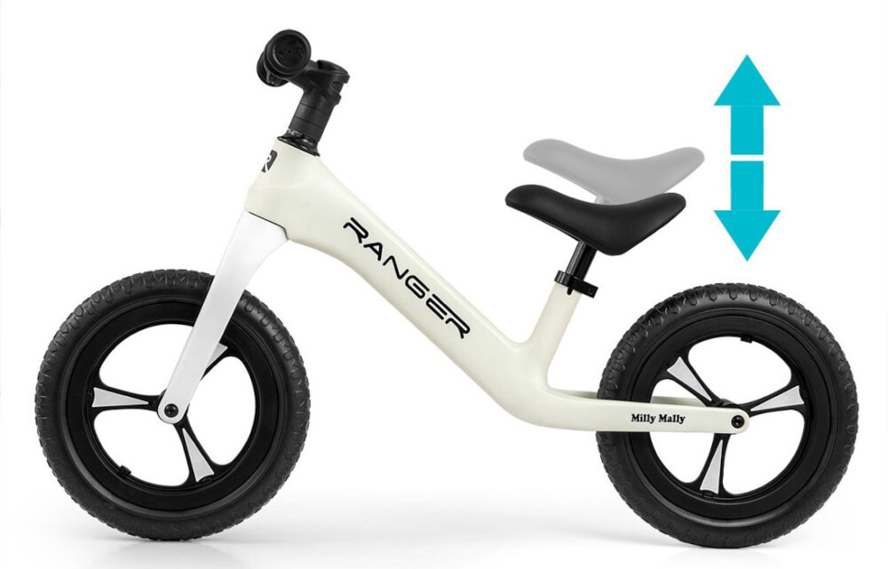 Rowerek biegowy MILLY MALLY Ranger Biały regulacja wysokosci siodelka w zakresie od 35 do 41 cm siodelko zminimalizowane ryzyko wystepowania otarc ergonomiczna forma miekkie wykonczenie