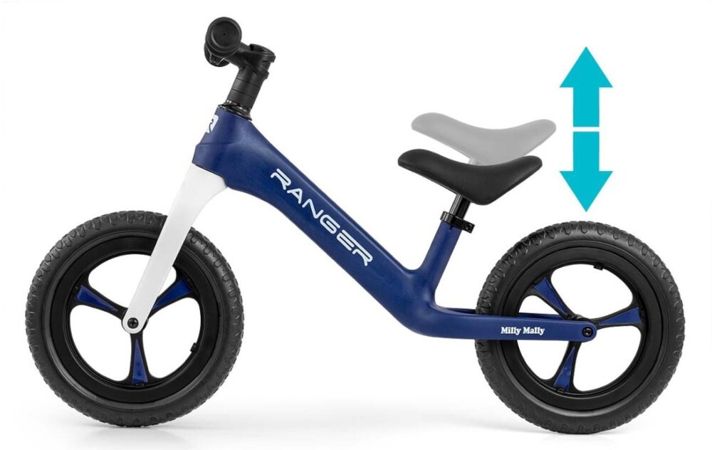 Rowerek biegowy MILLY MALLY Ranger Granatowy regulacja wysokosci siodelka w zakresie od 35 do 41 cm siodelko zminimalizowane ryzyko wystepowania otarc ergonomiczna forma miekkie wykonczenie