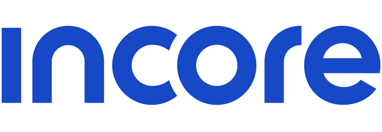 Logo z napisem \'incore\' w kolorze niebieskim na białym tle.