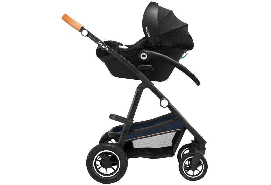 Wózek dziecięcy LIONELO Amber 3w1 Blue Navy Czarno-niebieski Nosidełko Astrid komfort bezpieczeństwo wkładka wypełnienie kąt ułożenia