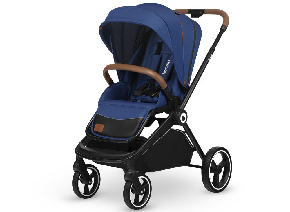 Wózek dziecięcy LIONELO Mika 2w1 Blue Navy kierunek jazdy zamontowana przód tył Koła bezobsługowe blokada amortyzacja centralny hamulec