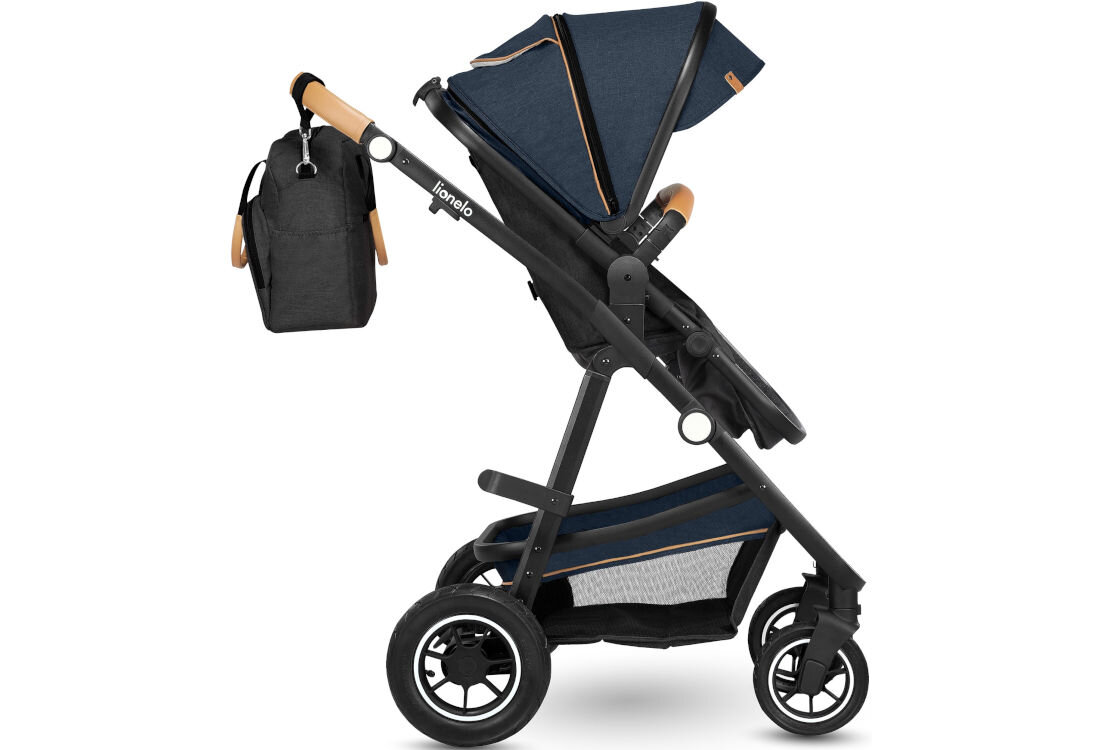 Wózek dziecięcy LIONELO Amber Czarno-niebieski Pompowane koła amortyzacja regulowana rączk centralny hamulec sygnalizacja kontrola