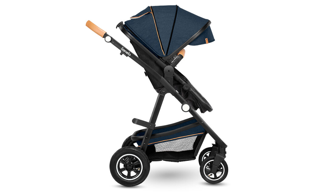 Wózek dziecięcy LIONELO Amber Czarno-niebieski budka widok okienko daszek wentylacja