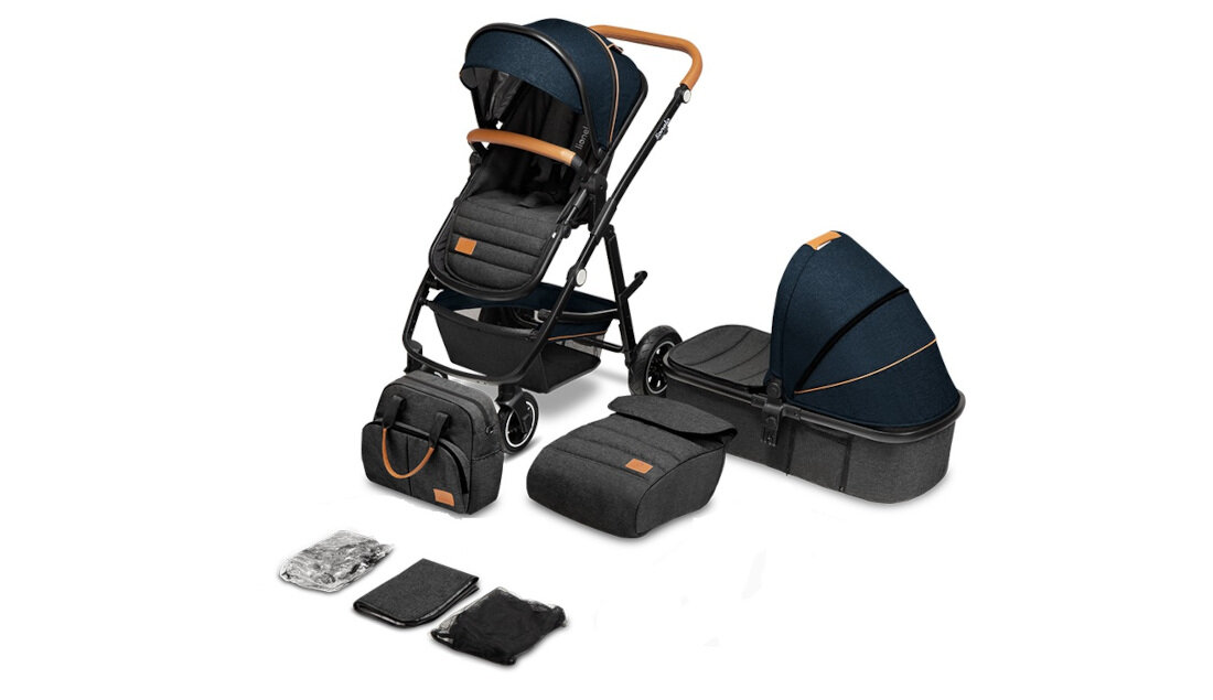 Wózek dziecięcy LIONELO Amber Czarno-niebieski akcesoria komplet zestaw kosz miskitiera folia przeciwdeszczowa ocieplacz mata torba