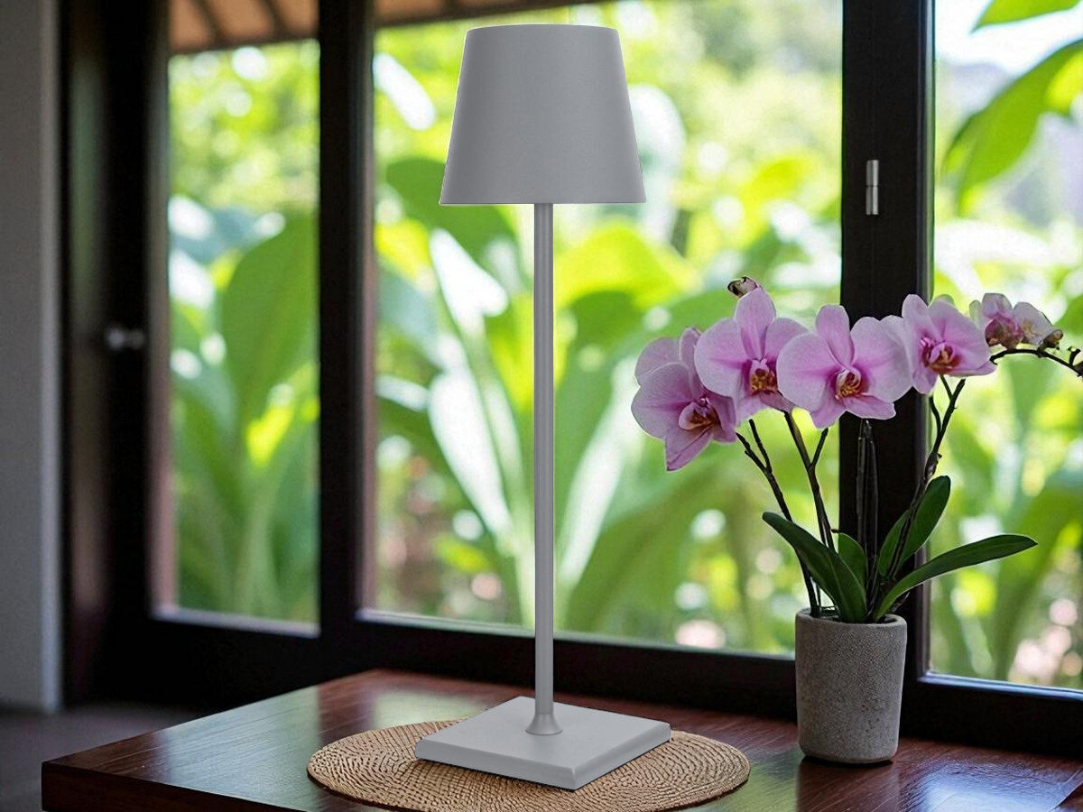 Lampka stołowa LIN Moonlight 8012 Szary, światło, jasnośc, elegancja, komfort, lampka stoi na blacie wraz z doniczką z rośliną w pokoju dziennym