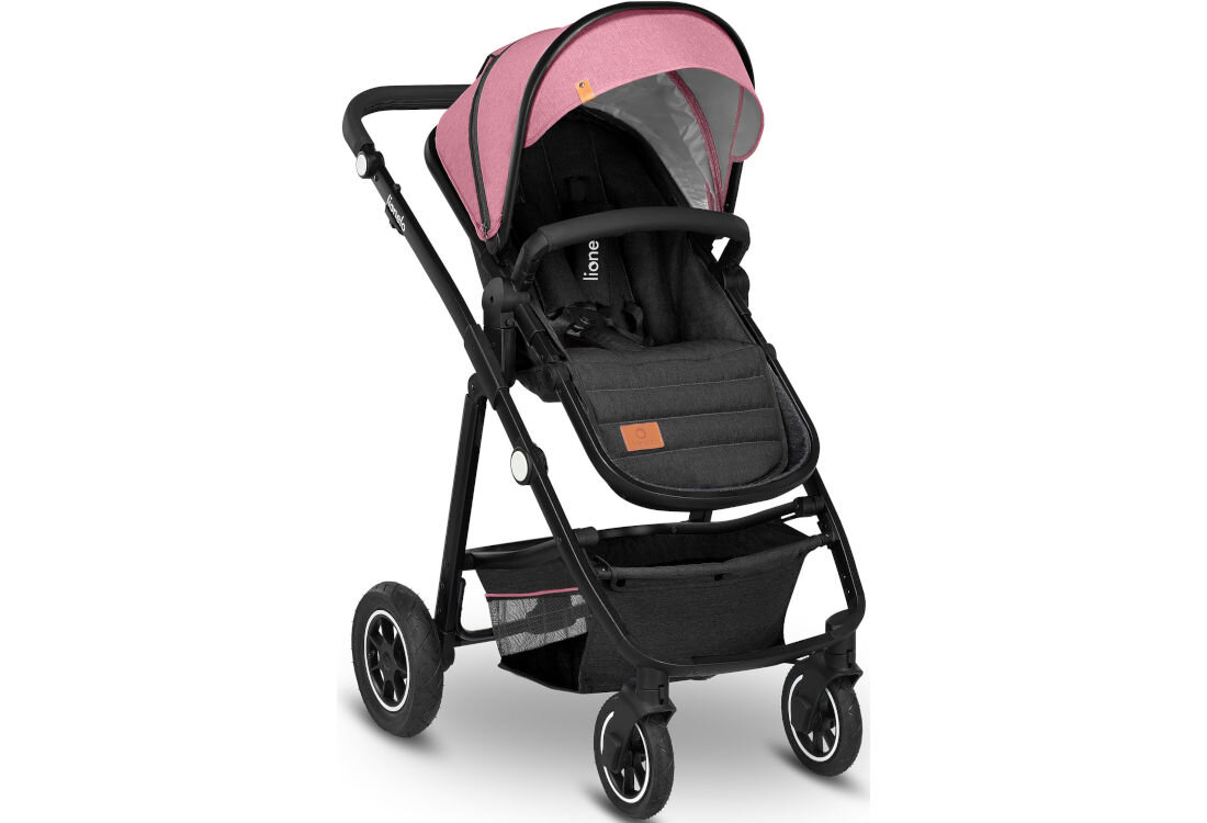 Wózek dziecięcy LIONELO Amber Czarno-różowy Pompowane koła amortyzacja regulowana rączk centralny hamulec sygnalizacja kontrola