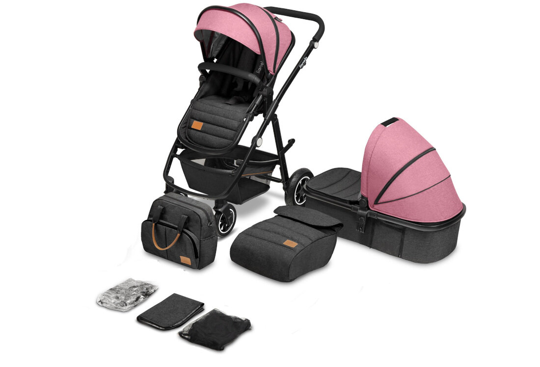 Wózek dziecięcy LIONELO Amber Czarno-różowy akcesoria komplet zestaw kosz miskitiera folia przeciwdeszczowa ocieplacz mata torba