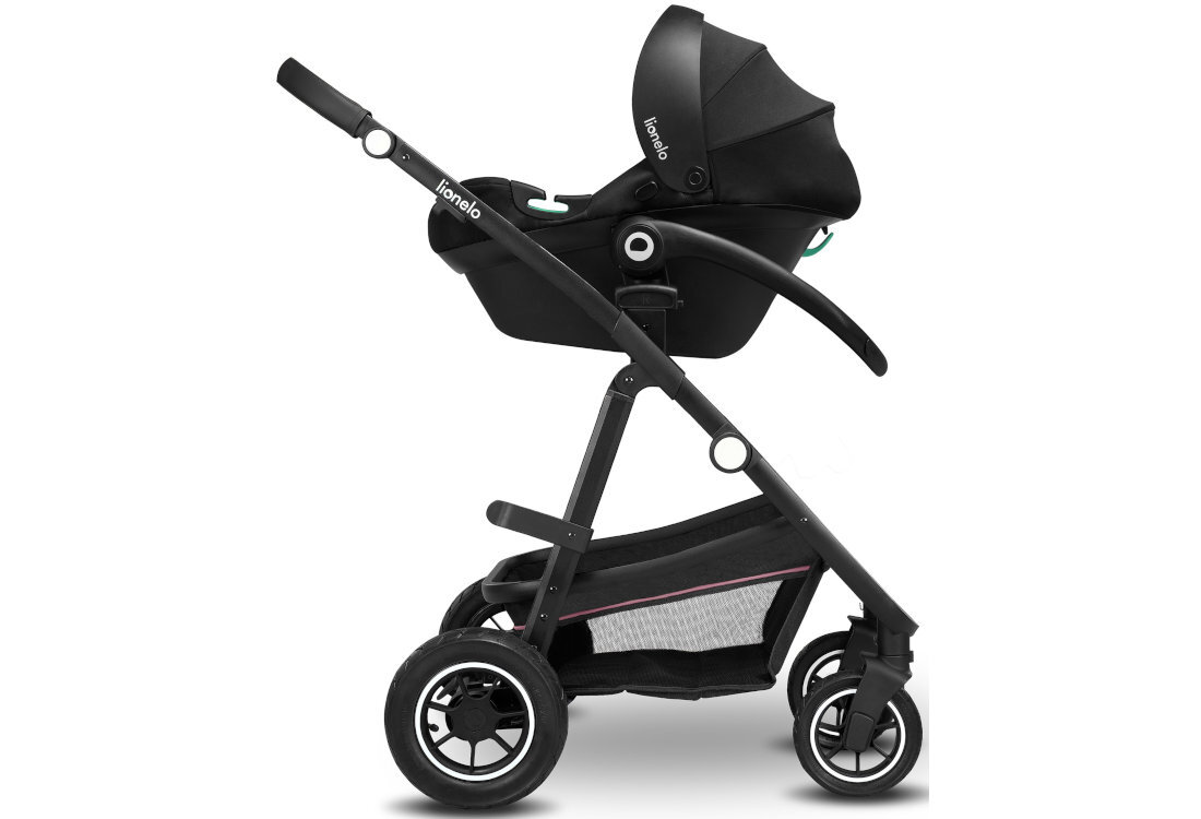Wózek dziecięcy LIONELO Amber 3w1 Pink Rose Czarno-różowy Nosidełko Astrid komfort bezpieczeństwo wkładka wypełnienie kąt ułożenia