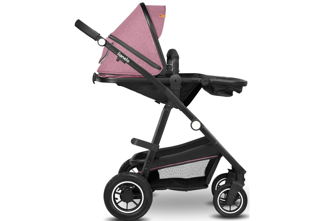 Wózek dziecięcy LIONELO Amber 3w1 Pink Rose Czarno-różowy Duży daszek ochrona warunki atmosferyczne filtr UPF 50+ promienie UV Materiał hydrofobowy wodoodporność okno siatka wentylacja powietrze przepływ