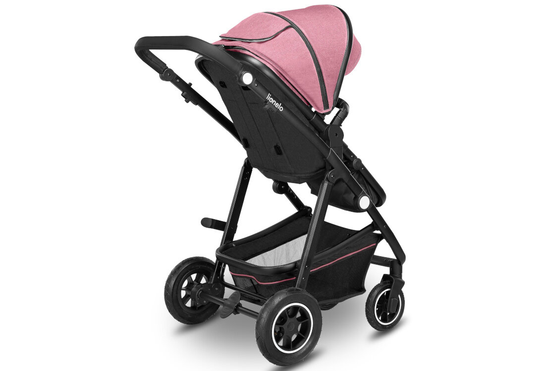 Wózek dziecięcy LIONELO Amber 3w1 Pink Rose Czarno-różowy Duże koła z amortyzacją płynna jazda wstrząsy komfort wygoda