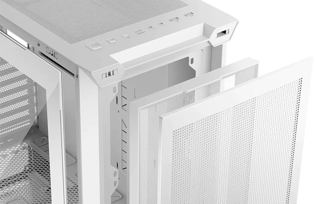 Obudowa MODECOM Volcano Expanse S Apex ARGB Midi Biały panele montowane na zatrzaski USB 3.0 USB-C Led wejście na mikrofon słuchawki gumowe przepusty zabezpieczające przewody organizer przewodów na rzep okręcane śledzie zaślepek kart PCIe pionowy montaż karty graficznej