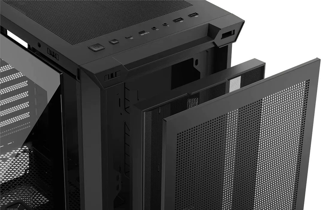 Obudowa MODECOM Volcano Expanse S Apex ARGB Midi Czarny panele montowane na zatrzaski USB 3.0 USB-C Led wejście na mikrofon słuchawki gumowe przepusty zabezpieczające przewody organizer przewodów na rzep okręcane śledzie zaślepek kart PCIe pionowy montaż karty graficznej
