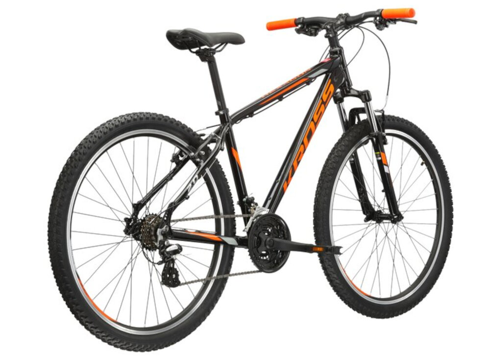 Rower górski MTB KROSS Hexagon 2.0 M17 27.5 cali męski Czarno-pomarańczowy rama 17-calowa z wysokiej jakosci stopu aluminium 6061 wysoka sztywnosc odpornosc na zlamania i przeciazenia pomalowana metoda proszkowa lakier bardzo wytrzymaly odporny na uszkodzenia mechaniczne rama odporna na korozje wybor rozmiaru ramy Twoj wzrost mierzony w zrelaksowanej pozycji typ roweru dla osob o wzroscie od 165 do 174 cm