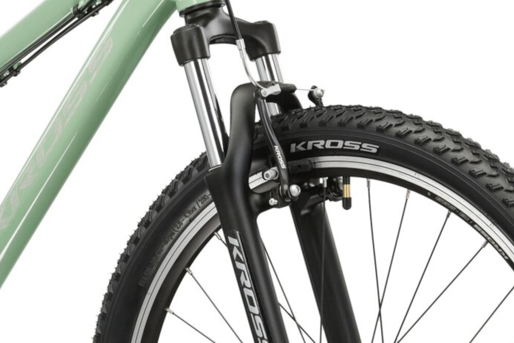 Rower górski MTB KROSS Berg 1.0 D15 26 cali damski Zielony rower typu hardtail przedni amortyzator KROSS 80 mm niweluje wstrzasy do jazdy na nierownej wyboistej nawierzchni