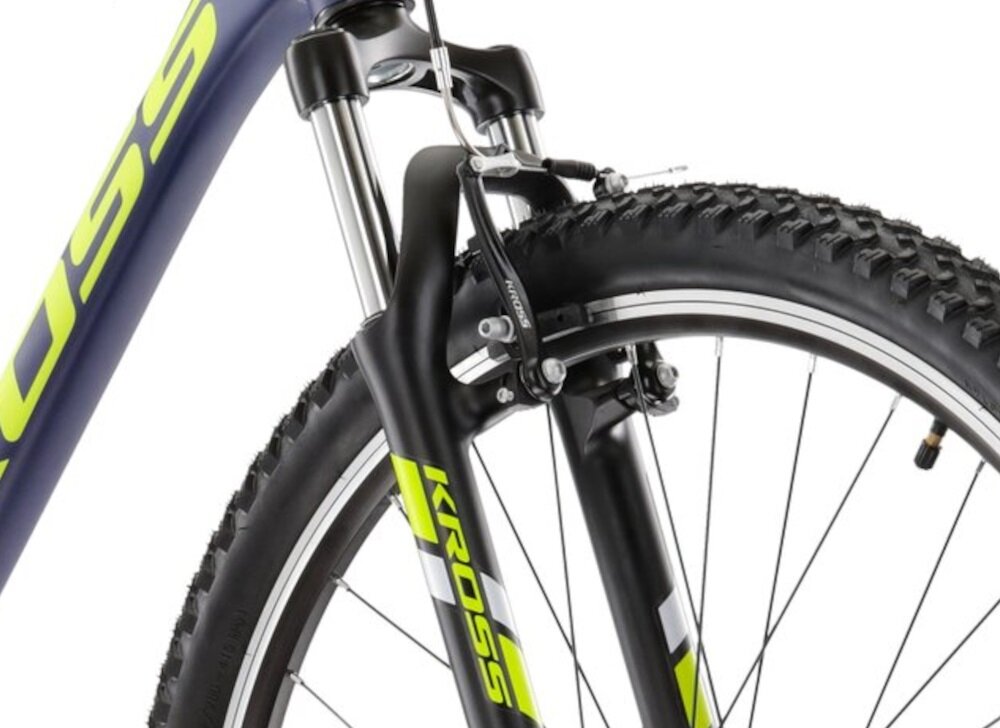 Rower górski MTB KROSS Hexagon 2.0 M14 26 cali męski Granatowo-żółty rower typu hardtail przedni amortyzator KROSS 80 mm niweluje wstrzasy do jazdy na nierownej wyboistej nawierzchni
