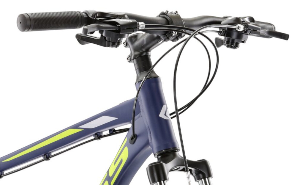 Rower górski MTB KROSS Hexagon 2.0 M14 26 cali męski Granatowo-żółty aluminiowa kierownica uchwyty pokryte specjalnym antyposlizgowym materialem wieksze bepieczenstwo