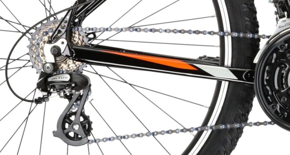 Rower górski MTB KROSS Hexagon 2.0 M17 26 cali męski Czarno-pomarańczowy 21 przelozen przednia przerzutka SHIMANO Tourney tylna dziewieciorzedowa przerzutka SHIMANO Altus technologia Shadow przerzutka jest schowana mniej narazona na uszkodzenia przezutki SHIMANO duza wytrzymalosc precyzyjne dzialanie plynna bezproblemowa zmiana biegow