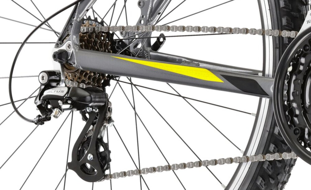 Rower górski MTB KROSS Hexagon 2.0 M17 26 calii męski Grafitowo-żółty 21 przelozen przednia przerzutka SHIMANO Tourney tylna dziewieciorzedowa przerzutka SHIMANO Altus technologia Shadow przerzutka jest schowana mniej narazona na uszkodzenia przezutki SHIMANO duza wytrzymalosc precyzyjne dzialanie plynna bezproblemowa zmiana biegow