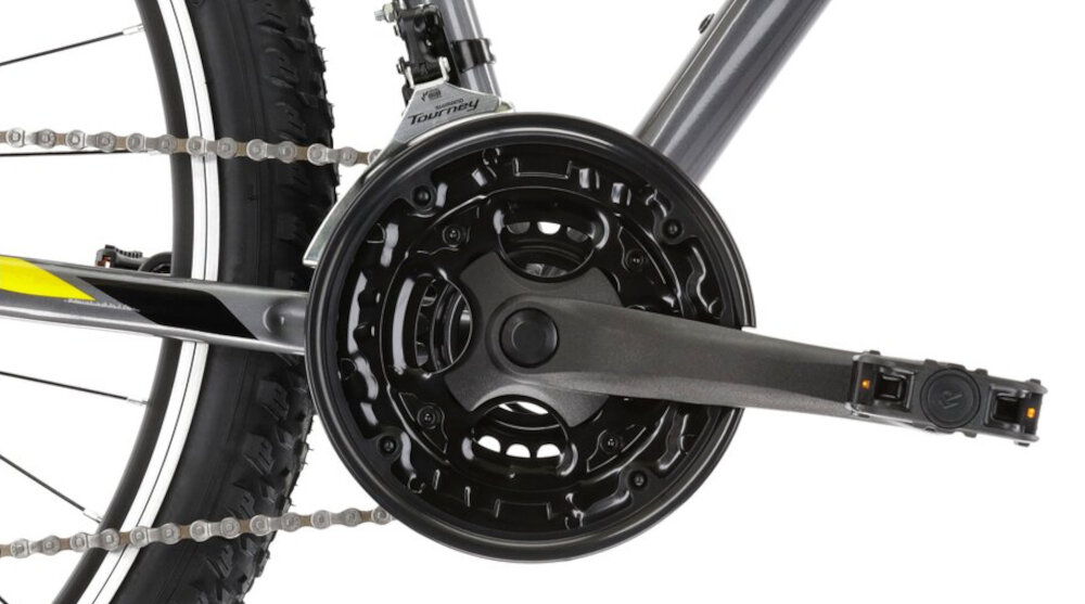 Rower górski MTB KROSS Hexagon 2.0 M17 26 calii męski Grafitowo-żółty lekka wydajna konstrukcja korby Weel Top 24-34-42T/170 mm FP-B902 wolnobieg SHIMANO TZ500 14-28T niezrownana solidnosc wytrzyma bardzo duzy nacisk na pedaly