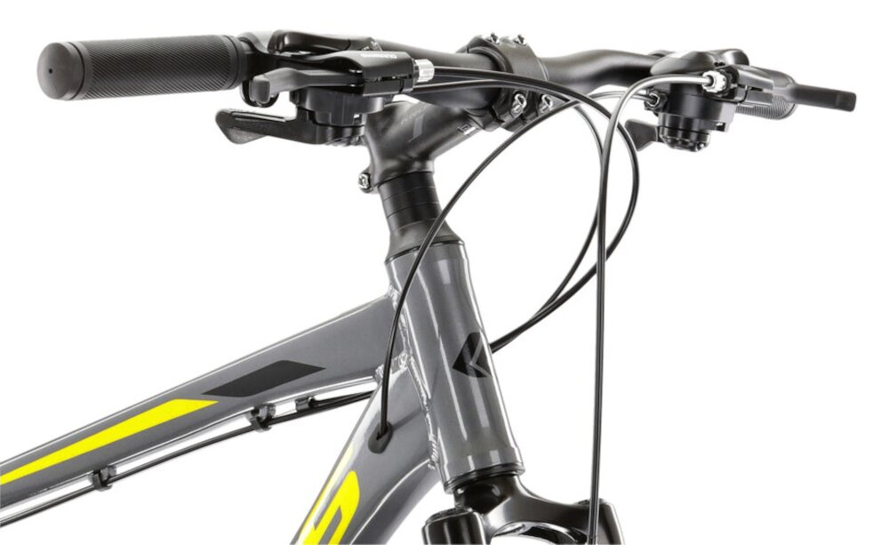 Rower górski MTB KROSS Hexagon 2.0 M17 26 calii męski Grafitowo-żółty aluminiowa kierownica uchwyty pokryte specjalnym antyposlizgowym materialem wieksze bepieczenstwo