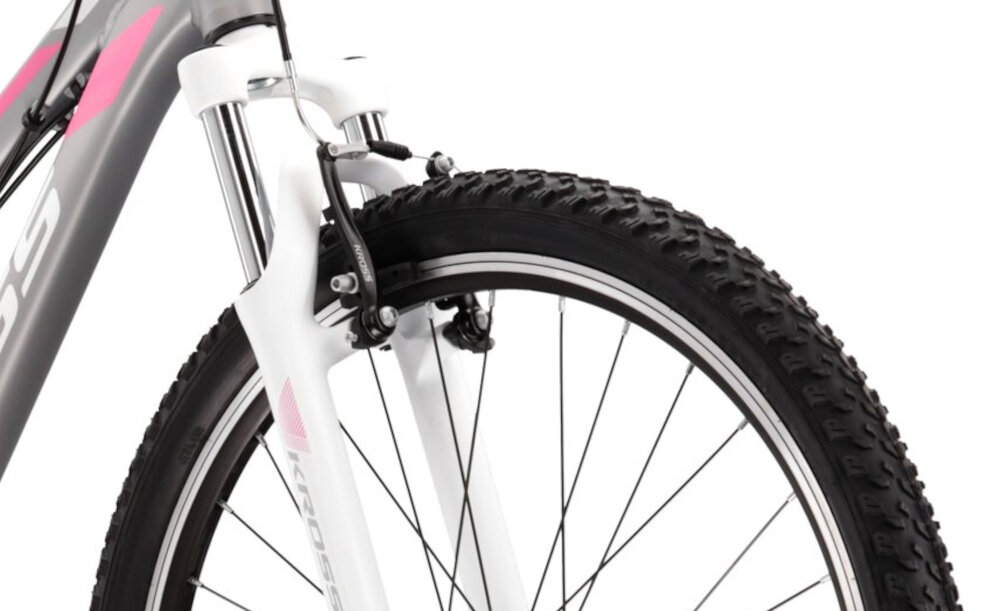 Rower górski MTB KROSS Lea 2.0 D17 27.5 cala damski Srebrny rower typu hardtail przedni amortyzator KROSS 80 mm niweluje wstrzasy do jazdy na nierownej wyboistej nawierzchni