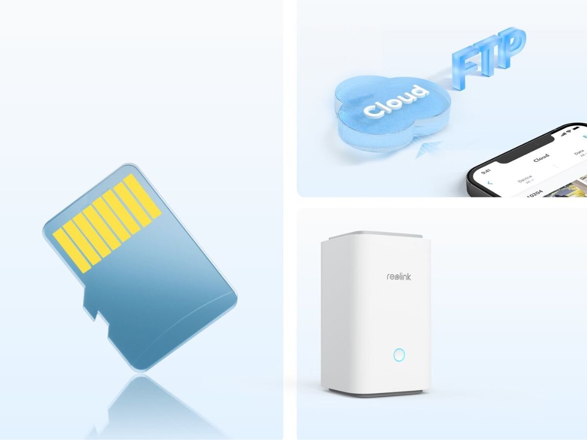 Kamera REOLINK Argus Series B420 - Dopasowana do Twoich potrzeb, zdjęcie przedstawiające urządzenie REOLINK HUB 1, KARTA MICROSD, logo chmury, ftp