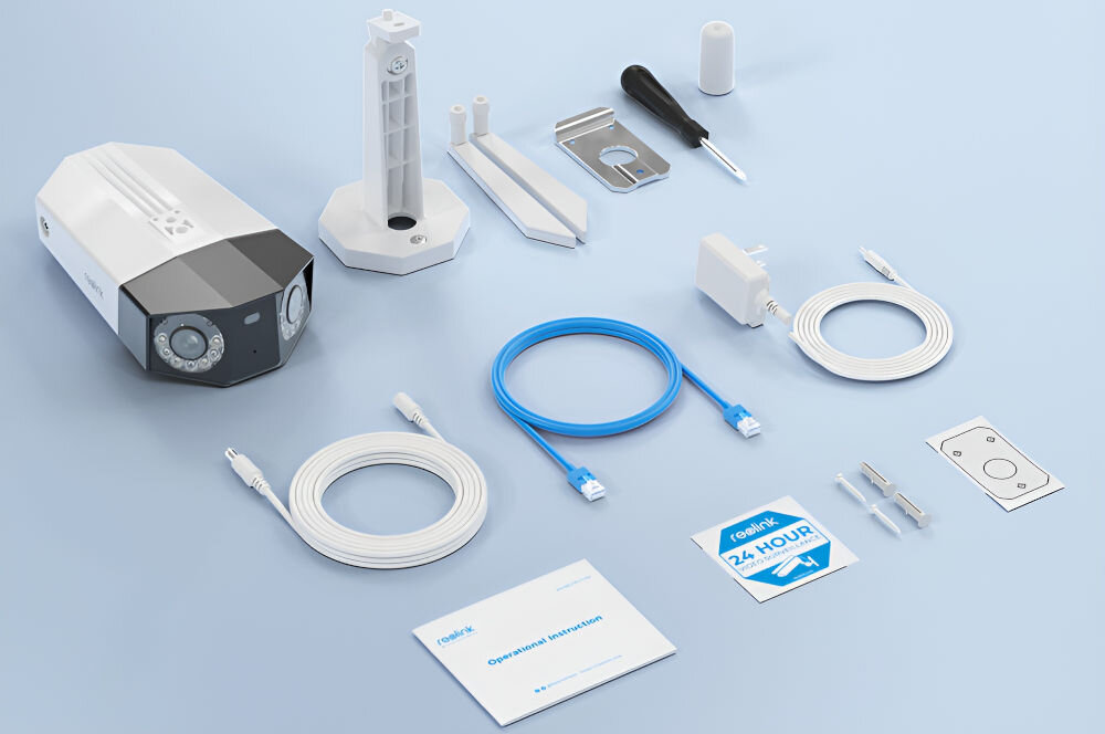 Kamera REOLINK Duo Series W730 antena zestaw montażowy zasilacz przedłużacz kabel ethernet 1m naklejka szablon instrukcja obsługi