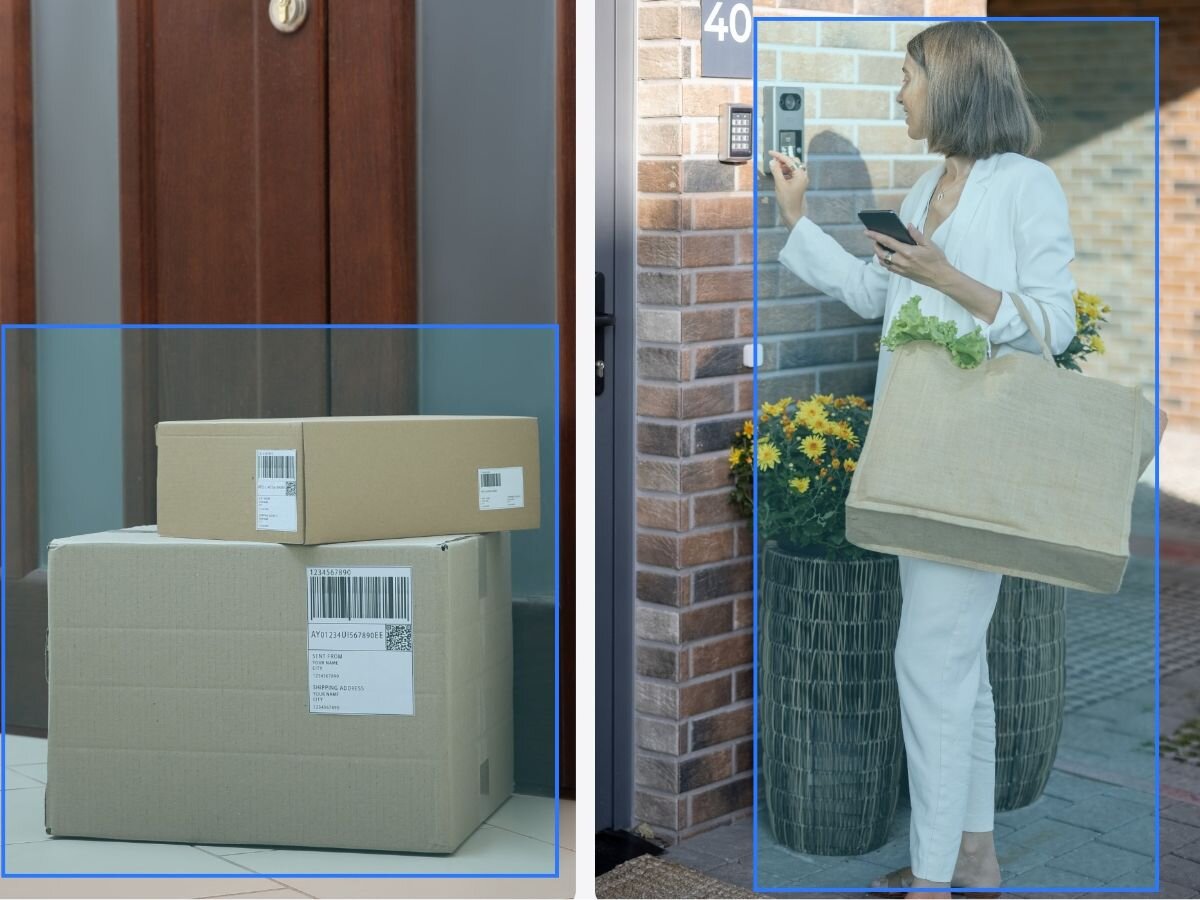 Wideodomofon REOLINK Doorbell D340P Czarny, technologia, wykrywanie, powiadomienia, bezpieczeństwo, kobieta stoi przy wideodomofonie z wizualizacją wykrycia, obok paczki przed drzwiami