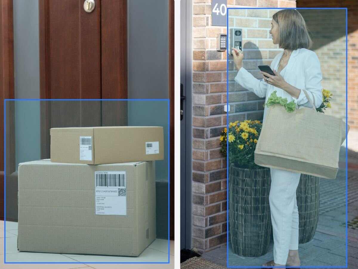 Dzwonek REOLINK D340W, Inteligentne, wykrywanie, powiadomienia, aktywność, 2 zdjęcia w 1 przedstawiające funkcję wykrywania osób i paczek przez kamerę