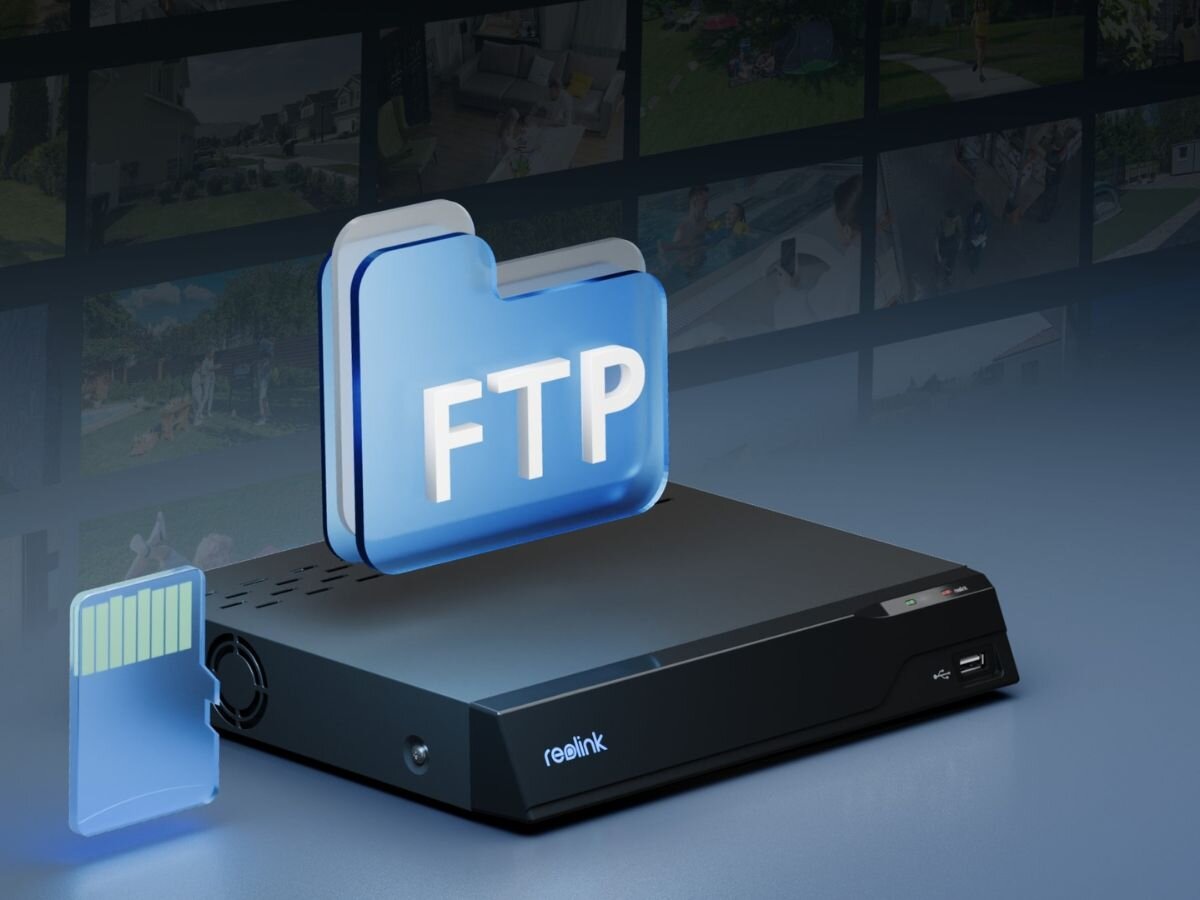 Dzwonek REOLINK D340W, nagrywanie, zaplanowane, wyzwalanie, elastyczność, na niebiesko czarnym tle dekoder do zapisywania dancyh z wizualiuzacją folderu FTP