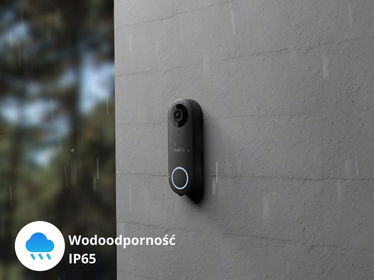 Dzwonek REOLINK D340W, warunki, certyfikat, IP65, pogoda, warunki, dzwonek zamontowany do ściany budynku z opisem wodoodporności IP65