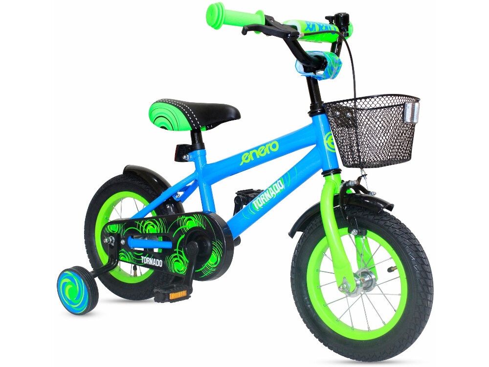 Rower dziecięcy ENERO Tornado 12 cali dla chłopca Zielono-niebieski niewielkie wymiary okolo 90 x 49 cm dostosowany do potrzeb dziecka komfortowa bezpieczna jazda funkcjonalny stylowy energetyczne kolory maksymalne obciazenie do 30 kg waga 9,4 kg bezpieczenstwo wygoda zabawa