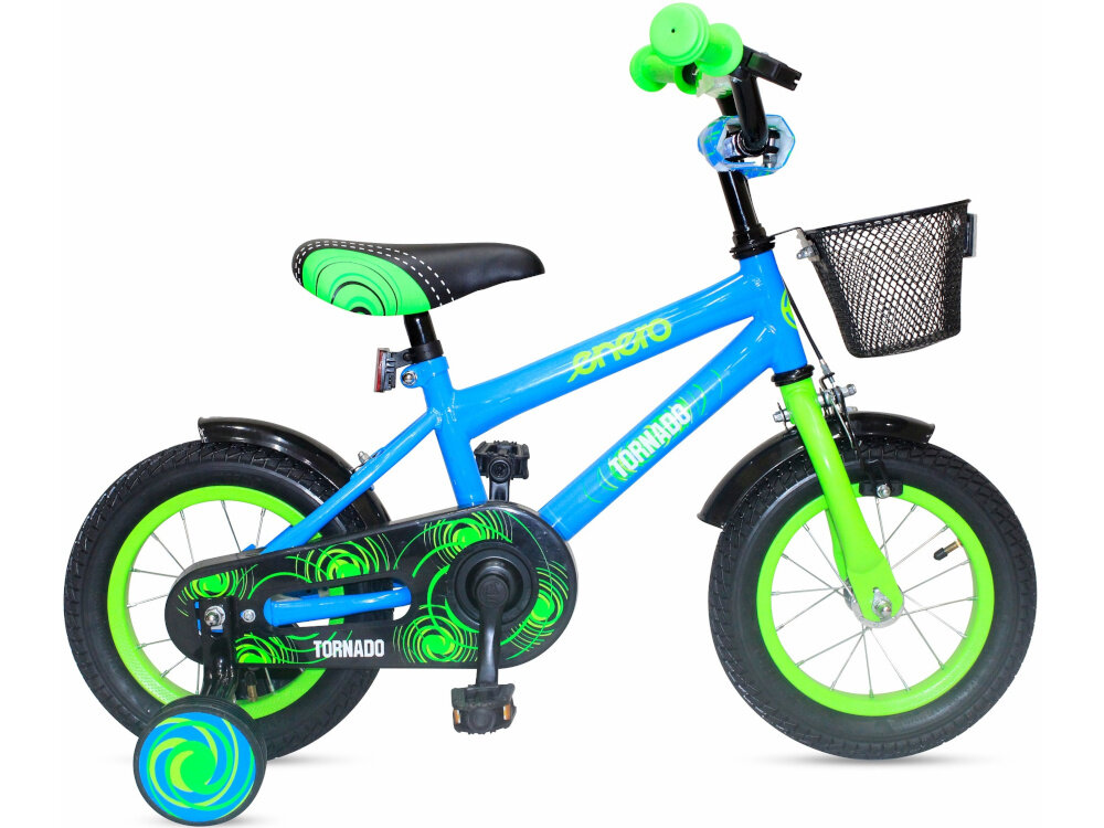 Rower dziecięcy ENERO Tornado 12 cali dla chłopca Zielono-niebieski rama solidna stalowa 8,5-calowa sztywny widelec ponadprzecietna odpornosc na uszkodzenia mechaniczne i dzialanie czynnikow zewnetrznych dostosowana do najmlodszych geometria wybor rozmiaru ramy wzrost Twojego dziecka mierzony w zrelaksowanej pozycji typ roweru