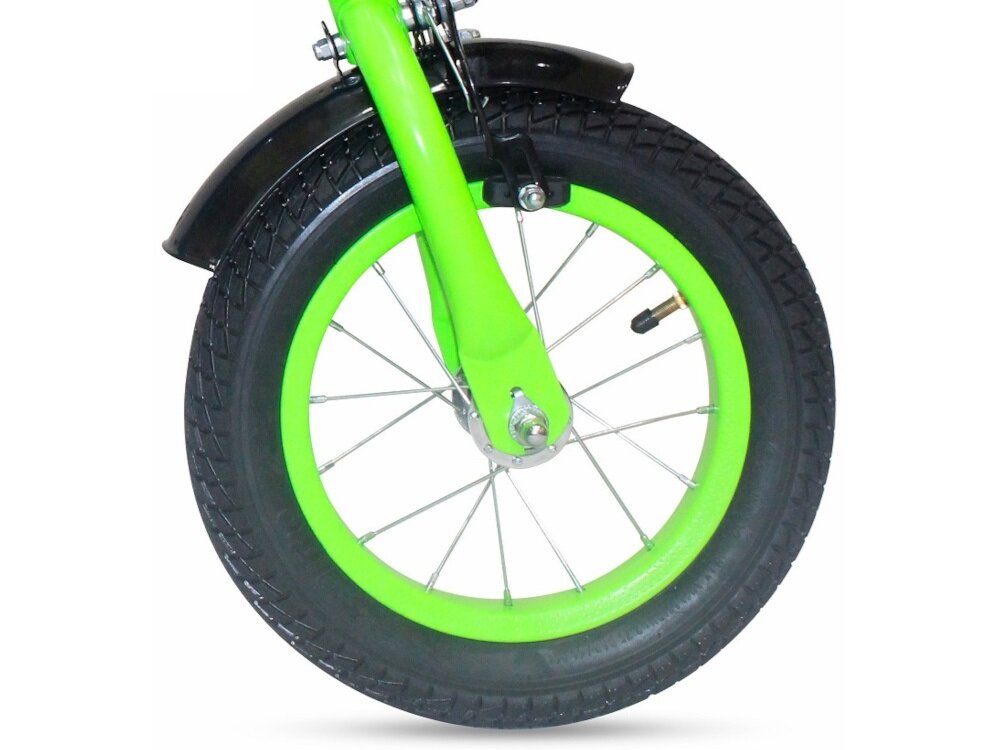 Rower dziecięcy ENERO Tornado 12 cali dla chłopca Zielono-niebieski kola srednica 12 cali pompowane opony plynna stabilna jazda stalowe obrecze duza wytrzymalosc blotniki regularne sprawdzanie cisnienia powietrza wartosc na bocznej czesci opony