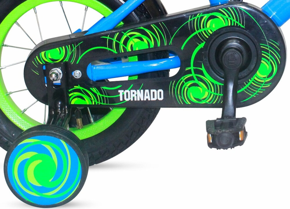 Rower dziecięcy ENERO Tornado 12 cali dla chłopca Zielono-niebieski boczne kolka asekuracja mozliwosc demontazu oslona lancucha dla dzieci w wieku do 2 do 4 lat