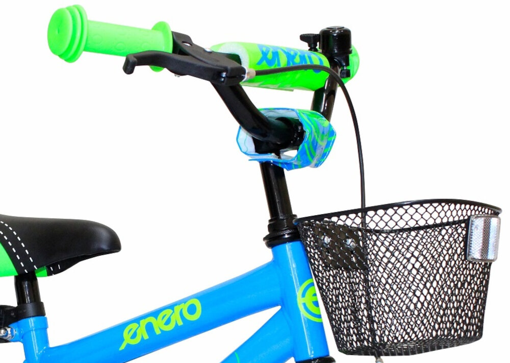 Rower dziecięcy ENERO Tornado 12 cali dla chłopca Zielono-niebieski kierownica regulowana w zakresie od 64 do 68 cm uchwyty antyposlizgowy material dobrze wyprofilowane dzwonek koszyk