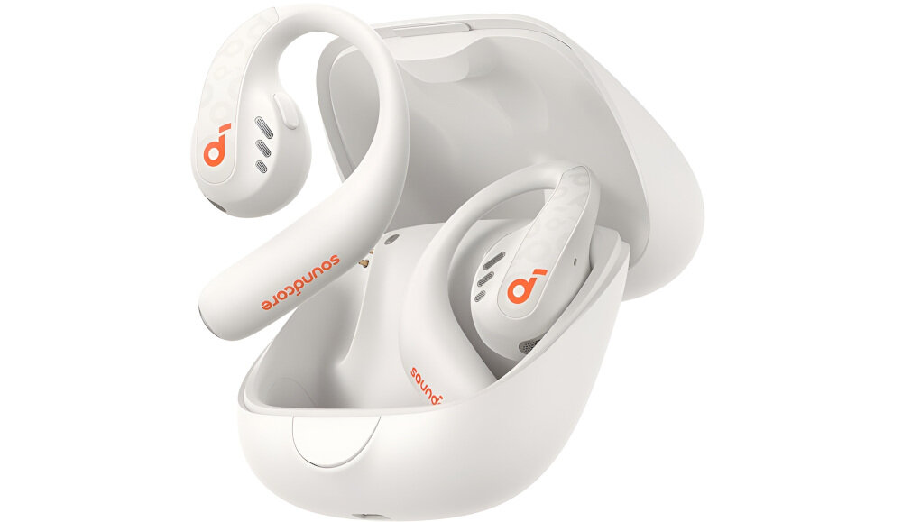 Słuchawki powietrzne SOUNDCORE Aerofit Pro Open-Ear - Dwa urządzenia naraz, słuchawki z etui ładującym na białym tle