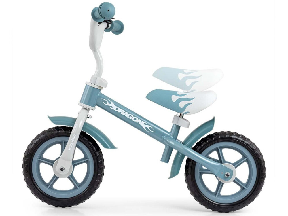 Rowerek biegowy MILLY MALLY Dragon Turkusowy pomaga ćwiczyć motorykę siłę mięśnie nóg utrzymywanie równowagi koordynację wzrokowo-ruchową dla dzieci w wieku od 2 do 4 roku życia